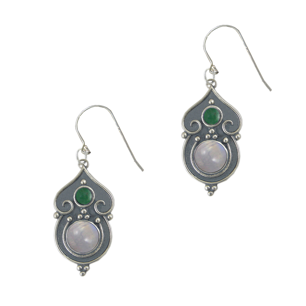 Sterling Silver Gothic Inspired Drop Dangle Earrings With Rainbow Moonstone And Jade